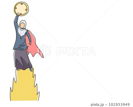 Continuous one line drawing young Arab female worker flying to the sky to reach analog clock. Minimalism metaphor business deadline concept. Single line draw design vector graphic illustration. Continuous one line drawing young Arab female worker flying to the sky to reach analog clock. Minimalism metaphor business deadline concept. Single line draw design vector graphic illustration. 102933949