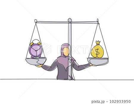 Single one line drawing of young Arabian business woman weight money bag and analog clock with scale. Minimalism metaphor business concept. Continuous line draw design graphic vector illustration. Single one line drawing of young Arabian business woman weight money bag and analog clock with scale. Minimalism metaphor business concept. Continuous line draw design graphic vector illustration. 102933950