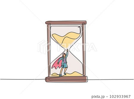 Single continuous line drawing young business woman with wing flying to get out from hourglass. Minimalism metaphor business deadline concept. Dynamic one line draw graphic design vector illustration. Single continuous line drawing young business woman with wing flying to get out from hourglass. Minimalism metaphor business deadline concept. Dynamic one line draw graphic design vector illustration. 102933967