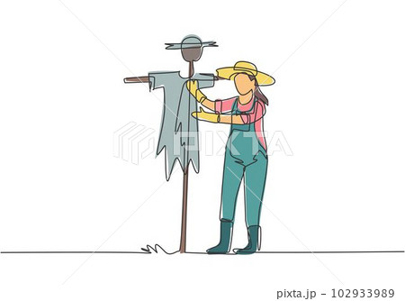 Single continuous line drawing a young female farmer in a straw hat putting up scarecrow to keep out pests of birds. Farming minimalist concept. One line draw graphic design vector illustration. 102933989