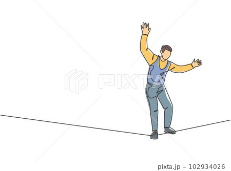 Continuous one line drawing a male acrobat walking on a rope while dancing and raising his hands. This attraction requires courage and agility. Single line draw design vector graphic illustration. 102934026