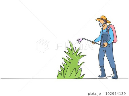 Single continuous line drawing young male farmer complete with mask spraying the green plants with disinfectant sprayer. Minimalism concept. Dynamic one line draw graphic design vector illustration 102934129