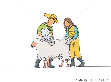 Single continuous line drawing couple farmer was cutting fleece to make a sweater. Done professionally for satisfactory results. Minimalism concept. One line draw graphic design vector illustration. 102934153