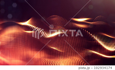 3d rendering background of microworld or sci-fi theme with glowing particles form curved lines, 3d surfaces, grid structures with depth of field, bokeh. Golden red wave forms 102934174