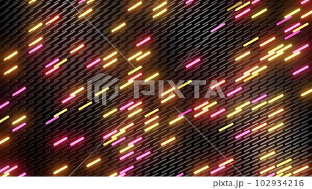 3d render. 3d abstract simple geometric background with orange red rectangles like light bulbs flashing neon lights form wall. Creative simple motion design bg with 3d objects 102934216