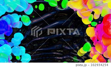 abstract background of shiny glossy surface like wavy transparent liquid with rainbow color circles like drops of paint in oil. Beautiful creative background with color gradient. 3d render 102934254
