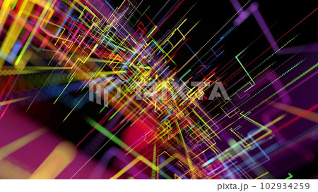 3d rendering sci-fi bg like abstract hologram. Multicolor neon glow lines form digital 3d space. Connection concept, visualization of multiple calculations of various branches neural network or AI 102934259