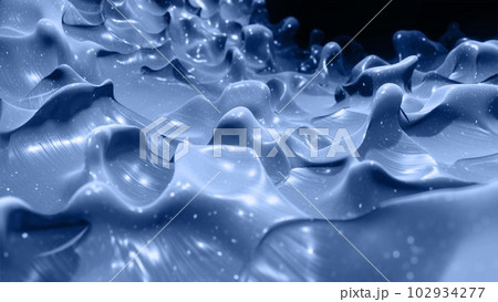 3d render. Liquid black gradient. Glossy paint surface as abstract stylish background. Glitters in viscous liquid with 3d splashes on surface like drops. Monochrome 102934277