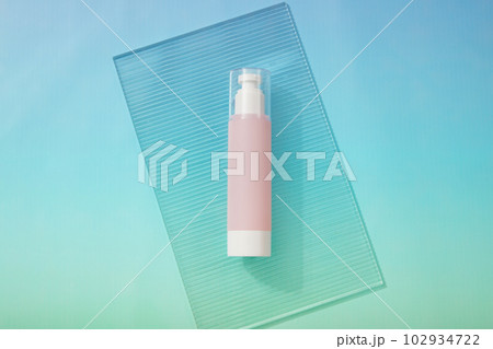 Mockup packaging cosmetic pink bottle for cosmetics product designs with acrylic ribbed plate on blue background. Minimal style for branding product. Top view 102934722