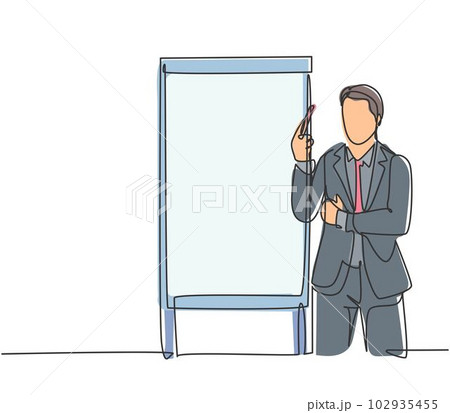 One continuous line drawing of young presenter watching mess data graph on screen and thinking how to solve the problem. Workshop presentation concept single line draw design vector illustration One continuous line drawing of young presenter watching mess data graph on screen and thinking how to solve the problem. Workshop presentation concept single line draw design vector illustration 102935455