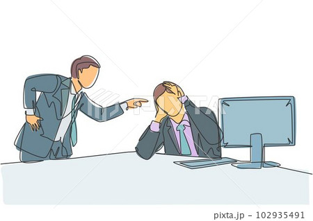 One continuous line drawing of young furious manager blaming his lazy staff about bad work performance and attitude. Work discipline at the office concept single line draw design vector illustration 102935491