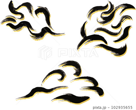 墨絵　雲　炎　手描き　イラスト素材セット　黒　金色 102935655