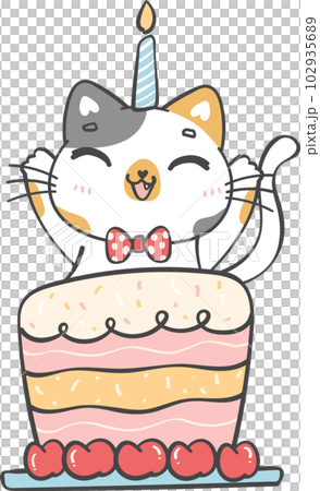 Cute playful happy birthday cat kitten celebrating party cartoon doodle hand drawing 102935689