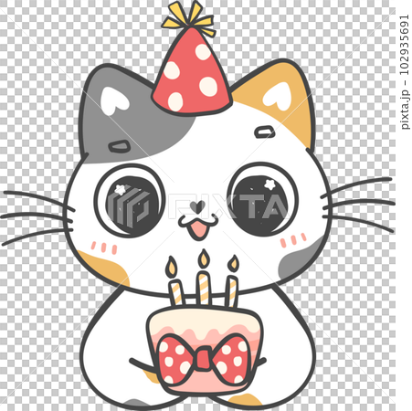Cute playful happy birthday cat kitten celebrating party cartoon doodle hand drawing 102935691