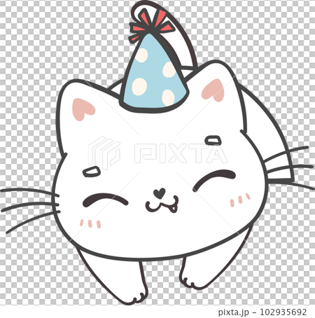 Cute playful happy birthday cat kitten celebrating party cartoon doodle hand drawing 102935692