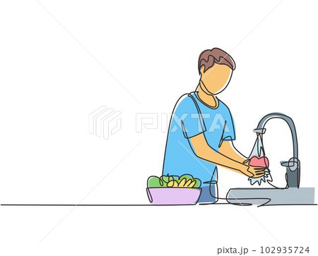 Single continuous line drawing a man washes fruits in the sink from the germs that stick to clean. Cleaned with water to make it hygienic. Dynamic one line draw graphic design vector illustration. Single continuous line drawing a man washes fruits in the sink from the germs that stick to clean. Cleaned with water to make it hygienic. Dynamic one line draw graphic design vector illustration. 102935724