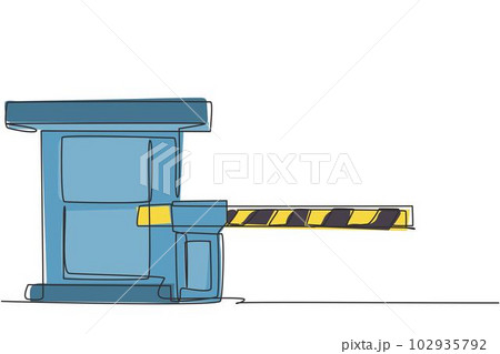 Single continuous line drawing a striped barrier gate with guard posts, guarding the entrance to the most important offices in the nation's capital. One line draw graphic design vector illustration. 102935792