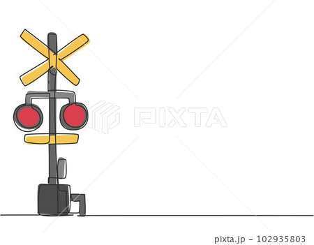 Single one line drawing of railway barrier with signs and warning lights in an open position that allows vehicles to cross railway lines. Modern continuous line draw design graphic vector illustration 102935803
