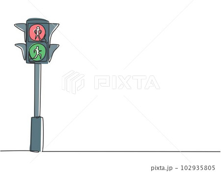 Single one line drawing of special traffic lights for pedestrians crossing the highway through the zebra crossing. Only two colors. Red and green. One line draw design graphic vector illustration. Single one line drawing of special traffic lights for pedestrians crossing the highway through the zebra crossing. Only two colors. Red and green. One line draw design graphic vector illustration. 102935805