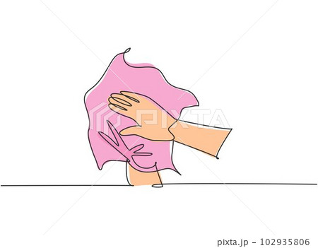 Single one line drawing of twelve steps hand washing by wiping your palms dry with a towel. Hand hygiene to avoid the corona virus. Modern continuous line draw design graphic vector illustration. Single one line drawing of twelve steps hand washing by wiping your palms dry with a towel. Hand hygiene to avoid the corona virus. Modern continuous line draw design graphic vector illustration. 102935806