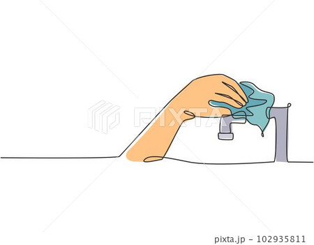 Single continuous line drawing dry the tap water with a towel after washing it thoroughly with clean water. The faucet becomes sleek and shiny again. One line draw graphic design vector illustration. Single continuous line drawing dry the tap water with a towel after washing it thoroughly with clean water. The faucet becomes sleek and shiny again. One line draw graphic design vector illustration. 102935811