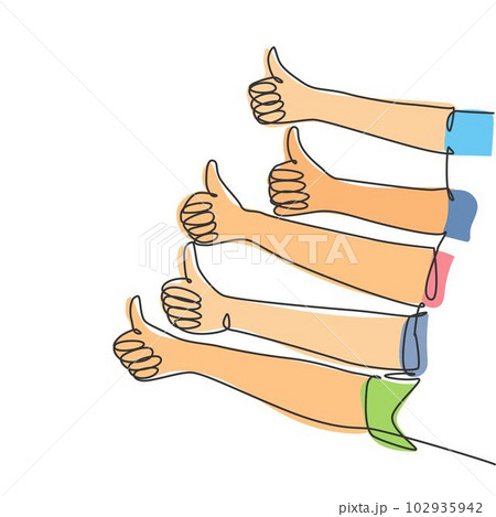 One line drawing of people arm hands with thumbs up gesture. Good service excellence in business sector concept. Continuous line draw design vector graphic illustration 102935942