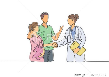 One line drawing of obstetrician and gynecologist doctor handshake and congratulate a happy young couple about the pregnancy. Medical check up concept. One line drawing vector illustration 102935985