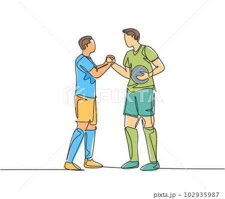 Continuous line drawing of two football player bring a ball and handshaking to show sportsmanship before starting the match. Respect in soccer sport concept. One line drawing vector illustration 102935987