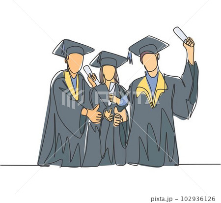 One line drawing group of young happy graduate male and female college student wearing gown and giving thumbs up gesture. Education concept continuous line draw design vector illustration 102936126