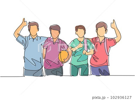 One line drawing group of young happy boys and girls from elementary school student carrying bags and give thumbs up gesture. Education concept continuous line draw design graphic vector illustration 102936127