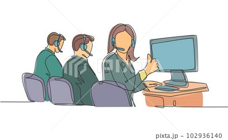 Single line drawing group of young male and female call center workers sitting in front of computer and giving thumbs up gesture. Customer service business concept. Continuous line draw design vector 102936140