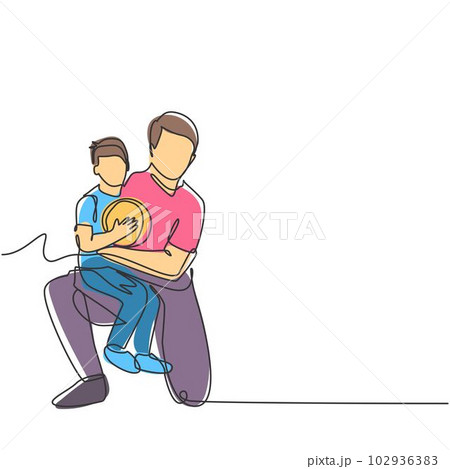 Single line drawing of young happy father hugging her child that carried a basket ball on basketball court. Parenting family concept. Modern continuous line draw design vector graphic illustration 102936383