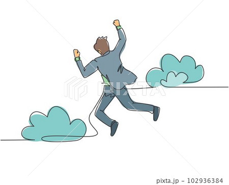 One line drawing of young happy and energetic business man punching a fist into the air and jumping over the cloud. Business success celebration concept continuous line draw design vector illustration 102936384