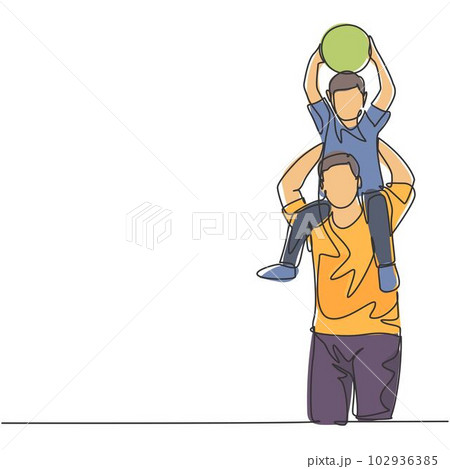 One line drawing of young happy father lift up his son while holding a ball on the shoulder and playing together. Parenting family concept. Continuous line draw design graphic vector illustration 102936385