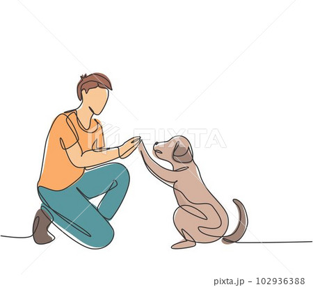 One single line drawing of young happy boy giving high five gesture to his puppy dog at outfield park. Pet care and friendship concept. Continuous line draw graphic design vector illustration One single line drawing of young happy boy giving high five gesture to his puppy dog at outfield park. Pet care and friendship concept. Continuous line draw graphic design vector illustration 102936388