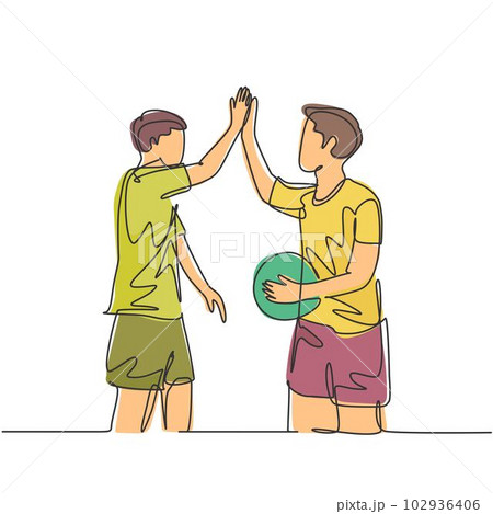 One line drawing of two young happy man playing basket ball on outfield court and giving high five gesture. Healthy sport lifestyle concept. continuous line draw design graphic illustration One line drawing of two young happy man playing basket ball on outfield court and giving high five gesture. Healthy sport lifestyle concept. continuous line draw design graphic illustration 102936406