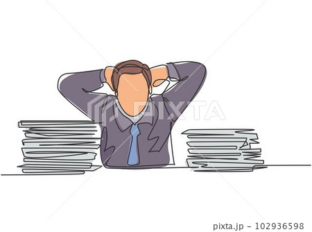 Single continuous line drawing of young frustrated businessman got headache facing pile of papers project on his desk. Overtime work at the office concept one line draw design vector illustration 102936598
