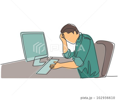 Single continuous line drawing of young tired businessman feel dizzy while he is working at office. Work fatigue after overload job concept. Trendy one line draw design graphic vector illustration 102936610