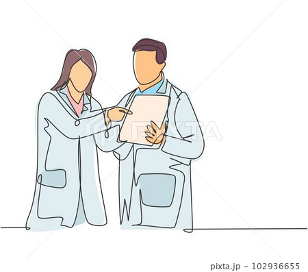 Single continuous line drawing of young male and female doctor discussing about health topic article on tablet. Medical healthcare service concept one line graphic draw design vector illustration 102936655