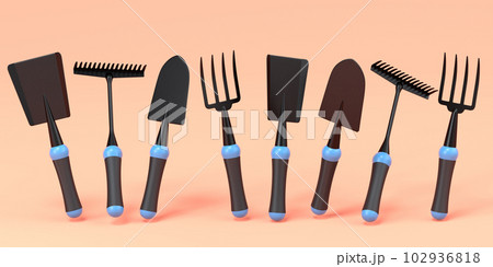 Garden shovel, pitchfork and rake on orange background, summer camping concept 102936818
