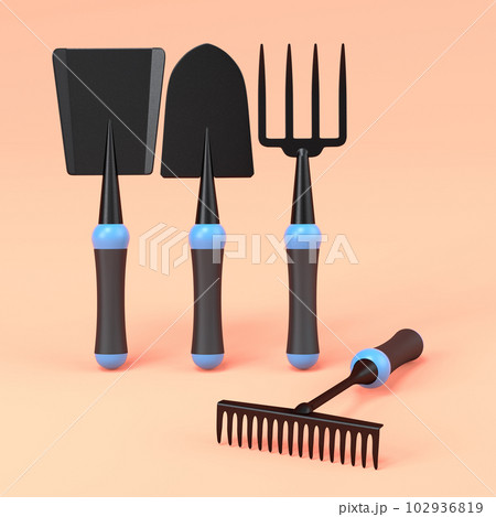 Garden shovel, pitchfork and rake on orange background, summer camping concept 102936819