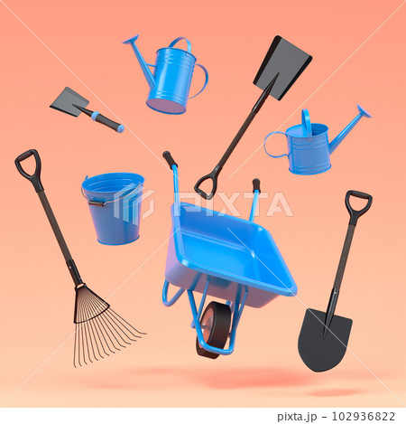 Garden wheelbarrow with garden tools like shovel, rake and fork on orange 102936822