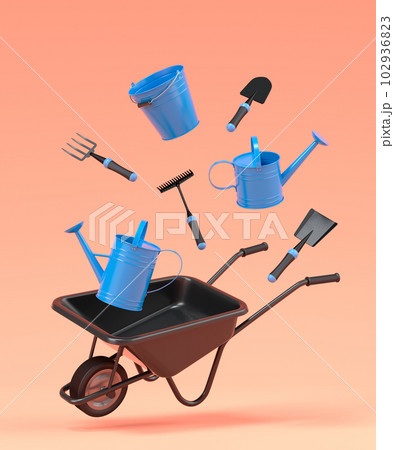 Garden wheelbarrow with garden tools like shovel, rake and fork on orange 102936823