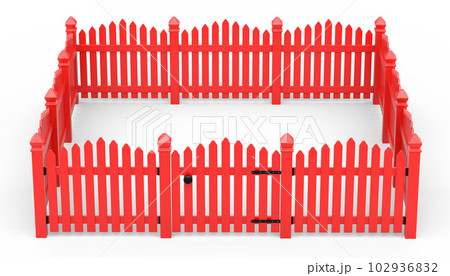 Wooden picket fence on white background that separates the objects 102936832