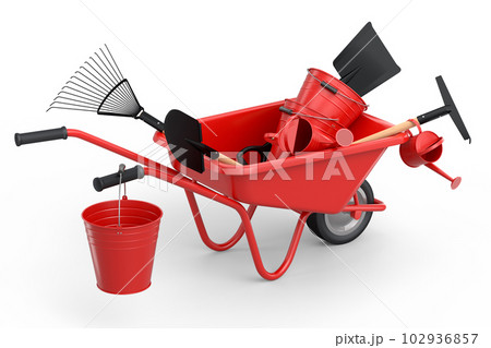 Garden wheelbarrow with garden tools like shovel, watering can and fork on white 102936857