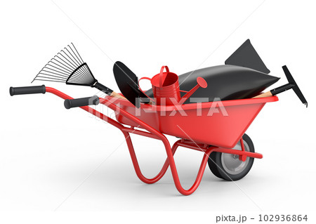 Garden wheelbarrow with garden tools like shovel, watering can and fork on white 102936864