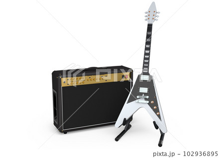 Classical amplifier with acoustic guitar on stand isolated on white background. Classical amplifier with acoustic guitar on stand isolated on white background. 102936895