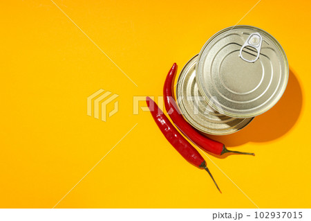 Canned food in blank metal jars, concept of canned food 102937015