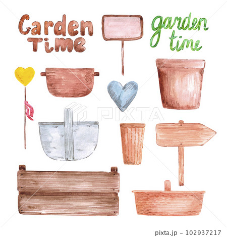 Hand drawn watercolor set of garden pots, boxes, baskets on white background. Scrapbook, label, postcard. 102937217