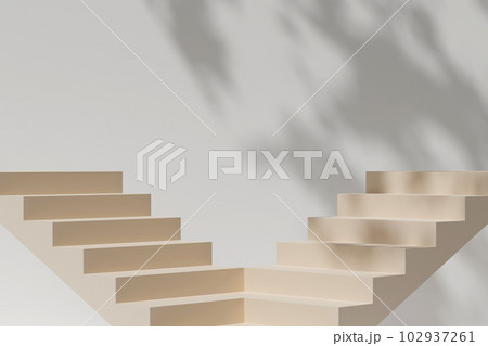 illustration background with 3d rendering beige stairway on white wall background with natural shadow leaves. Pedestal for cosmetic product and packaging mockups display presentation 102937261